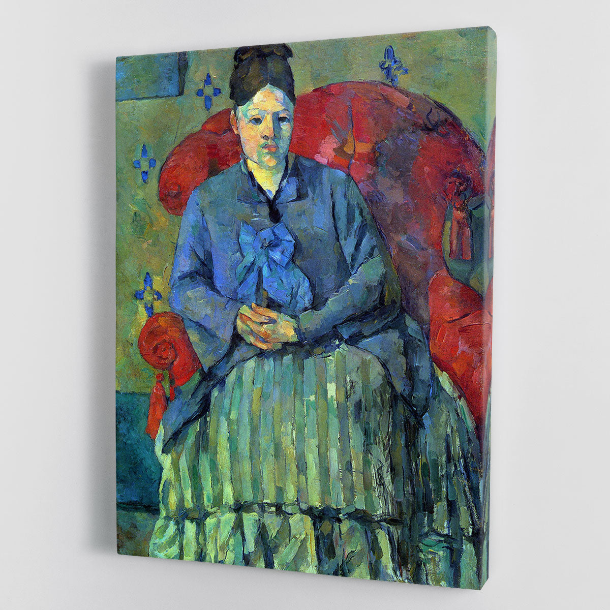 Canvas print of Potrait of Mme Cezanne in Red Armchair by Cezanne, showcasing vibrant colors and intricate details.